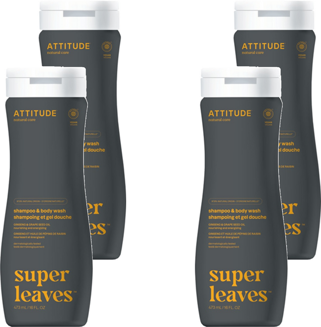 ATTITUDE 艾特優 男士運動專用二合一洗髮沐浴露, 473ml, 4瓶