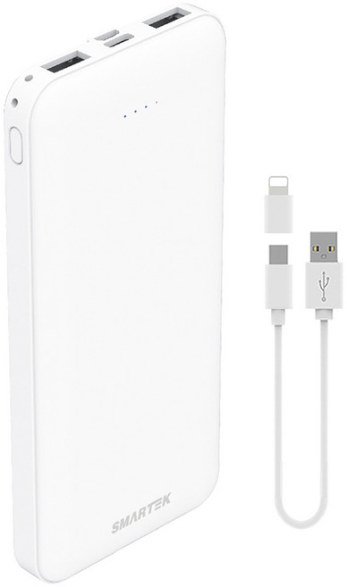 스마텍 듀얼포트 슬림보조배터리 10000mAh c타입 케이블 + 8핀 젠더, STPB-SL1(WH), 화이트