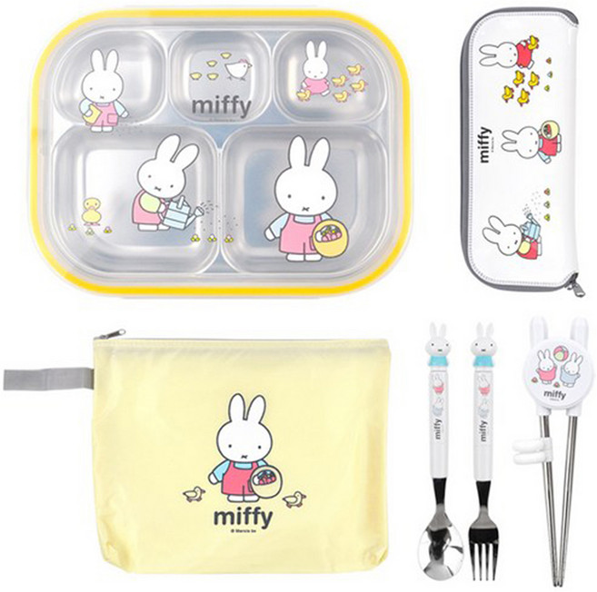 miffy 米飛 初階學習筷匙叉組附收納盒 + 分格餐盤、餐袋與便當盒, 餐袋+餐盤+學習筷+湯匙+叉子+餐具收納袋, 1組, 米飛兔 多色