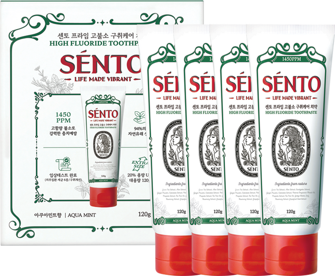 센토 프라임 고불소 구취케어 치약 아쿠아민트향, 120g, 4개