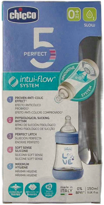 chicco 完美防脹PP奶瓶 小單孔, 藍, 150ml, 1個