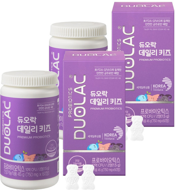 듀오락 데일리키즈 츄어블 어린이 유산균, 60정, 2개