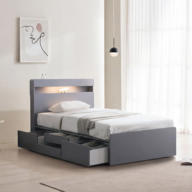 삼익가구 NEW 루시드 LED 4단 서랍 수납 침대 프레임 + YS 본넬스프링 매트리스 세트, 그레이