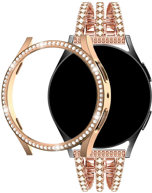 스페이스쉴드 갤럭시워치4 40mm호환 샤인 큐빅 트리플 메탈 밴드+샤인 큐빅 범퍼 케이스 2종 2IN1 세트, 로즈골드, 1개