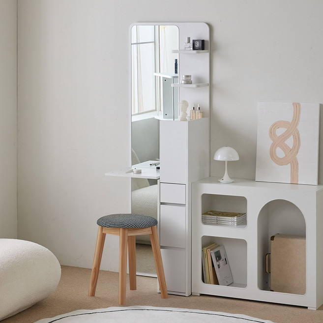 파로마 리오 전신거울 폴딩선반 수납 스탠딩 화장대 + 원목쿠션스툴 세트 방문설치, 화이트(화장대), 트위트블랙(스툴)