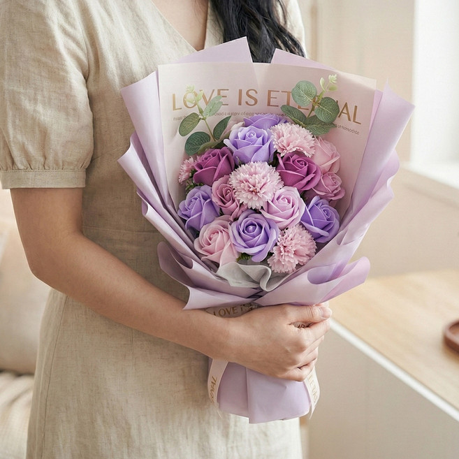 코멧 로맨틱 블룸 비누꽃 꽃다발 + 쇼핑백 세트, 퍼플, 1개