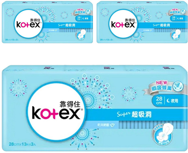 Kotex 靠得住 超吸洞 夜用超薄衛生棉 護翼型, 28cm, 39片, 3包