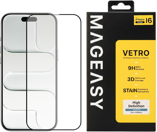 MAGEASY Vetro iPhone 鋼化玻璃 保護膜 16 Pro Max 9H 疏油疏水 黑色 1個 清潔包*1