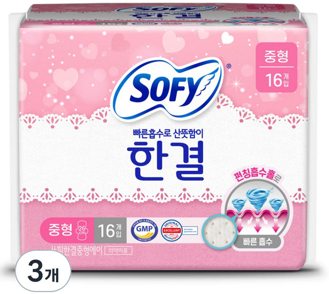 쏘피 한결 생리대 날개형, 중형, 16개입, 3개