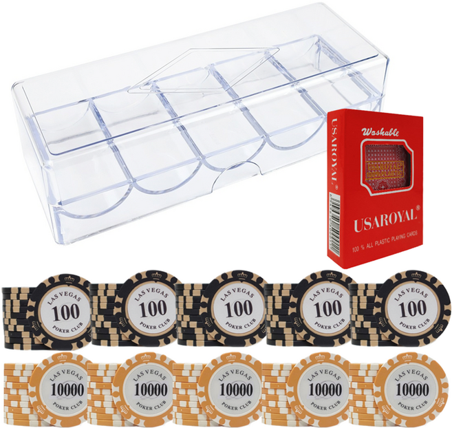 다싸닷컴 라스베가스 포커칩 2종 x 50p + 아크릴케이스 + 로얄카드 A6 세트, 혼합색상, 1세트