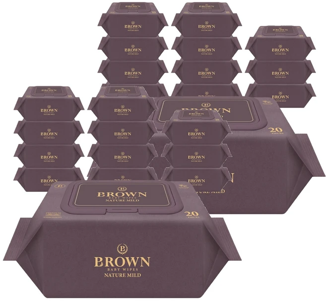 브라운 네이처 마일드 도톰한 아기 물티슈 엠보싱 휴대용 캡형, 68g, 20매, 24개 - 쿠팡