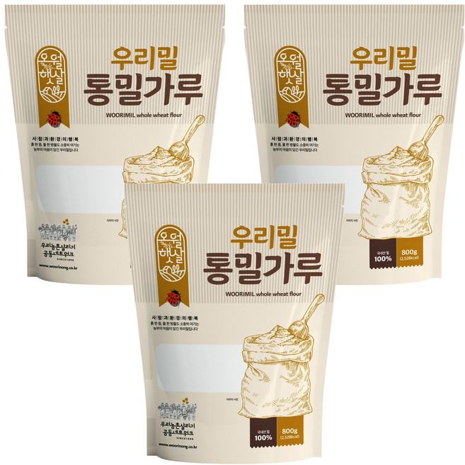 오월햇살 우리밀 통밀가루, 800g, 3개