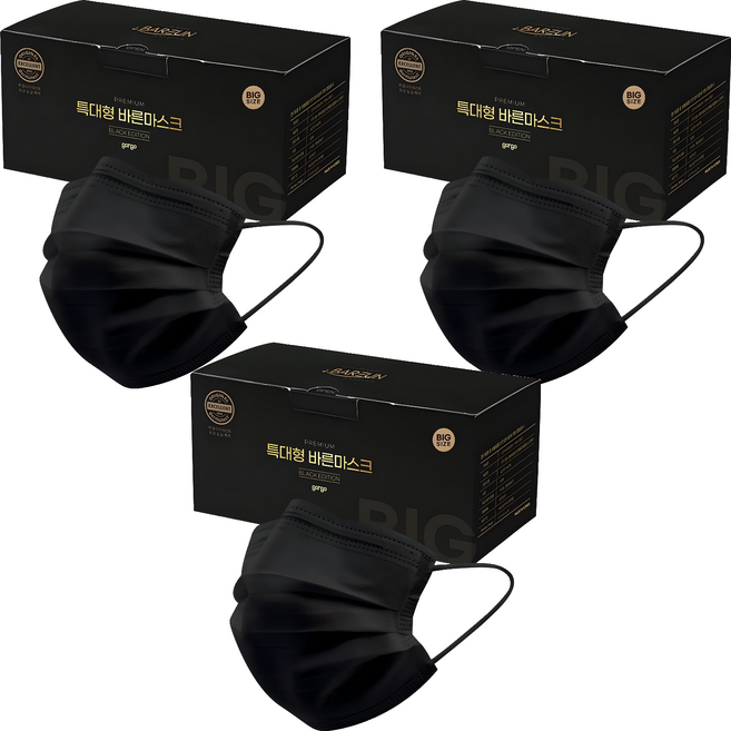 고르고 바른 마스크 성인용 특대형, 50매입, 3개, 블랙