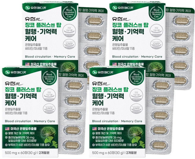 유한메디카 징코 플러스 엔 탑 혈행 기억력 케어 30g, 60정, 4개