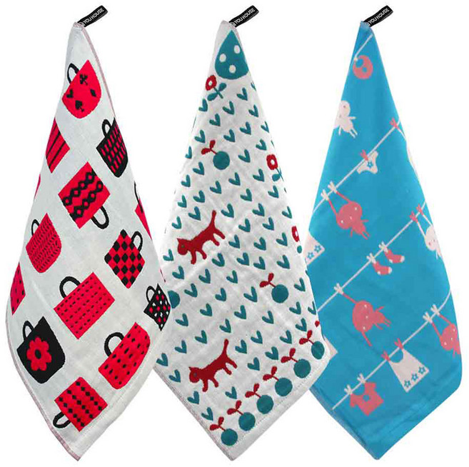 유하우스 북유럽풍 주방타올 3장, 대롱대롱토끼 + 쇼핑백 + 산책레드독, 1세트