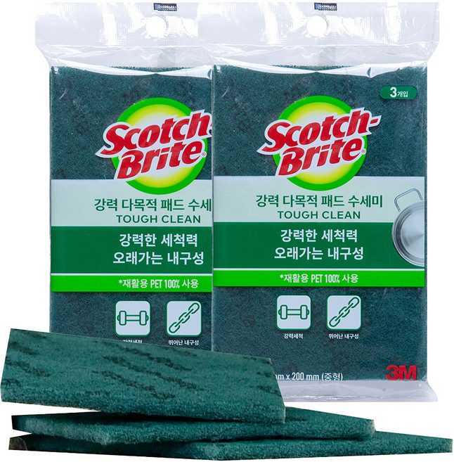 스카치브라이트 강력 다목적 패드 수세미 중형, 3개입, 2개