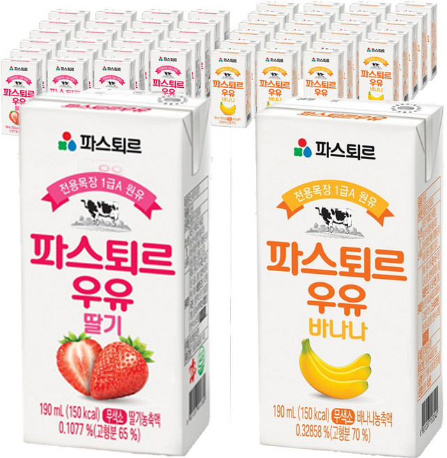 파스퇴르 우유 바나나 190ml 24p + 딸기 190ml 24p, 48팩