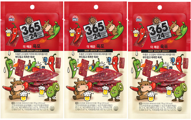 삼육오점이사 해표 365 24 더 매운 육포, 70g, 3개