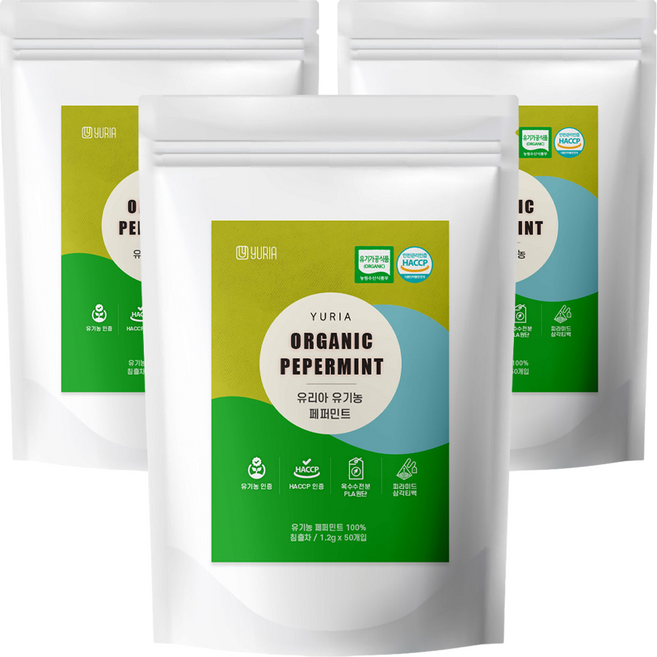 유리아 유기농 생분해 삼각티백 페퍼민트차, 1.2g, 50개입, 3개