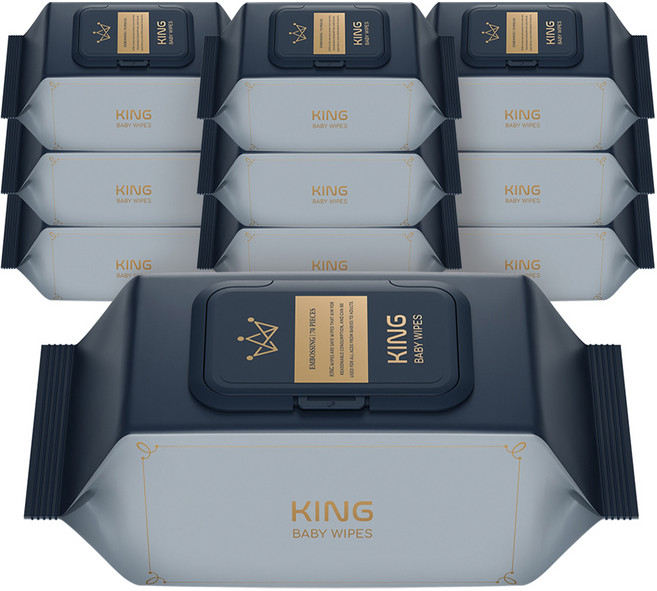 킹물티슈 더 도톰한 골드블루 저자극 엠보싱 아기물티슈 캡형, 86g, 70매, 10개