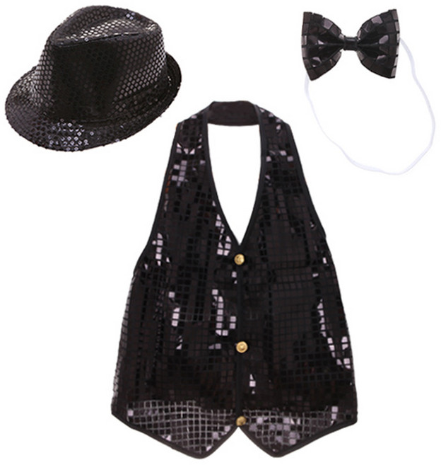 LivingDA 亮片帽 + 亮片背心 L + 蝴蝶領結組合, 黑色, 1組