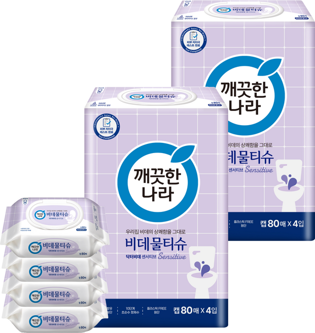 깨끗한나라 닥터비데 센서티브 화장실용 비데물티슈 캡형, 55g, 80매, 8개