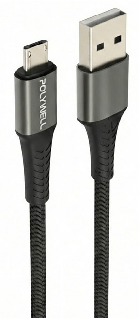 POLYWELL 寶利威爾 USB-A-Micro-B 公對公 編織充電線, 黑色, 1條, 2M
