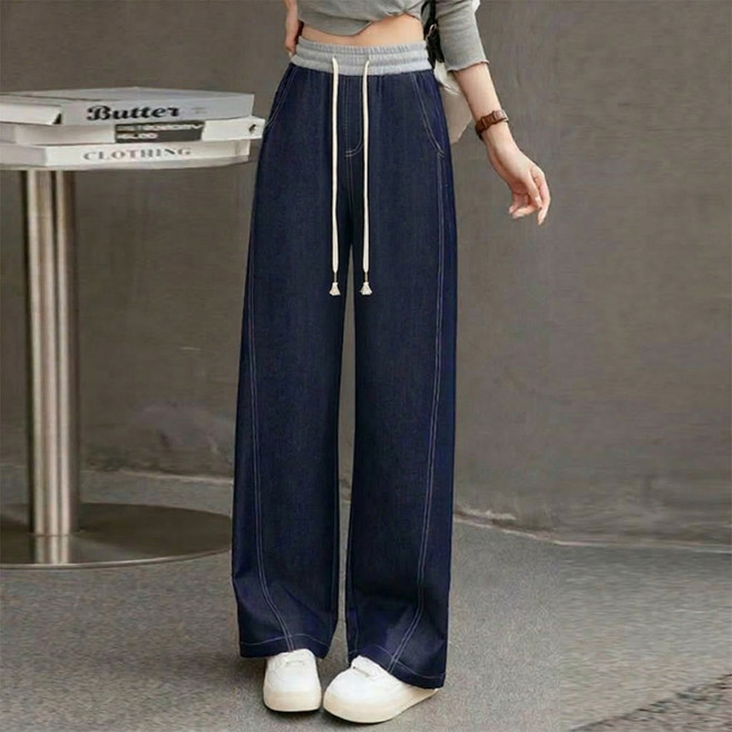 INFIOUS 女款側邊線條抽繩鬆緊腰牛仔褲 I263-0178DBU