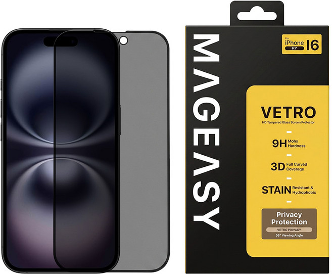 MAGEASY Vetro Privacy 防窺 鋼化玻璃保護膜 iPhone 16 9H 疏油疏水 黑色 1個