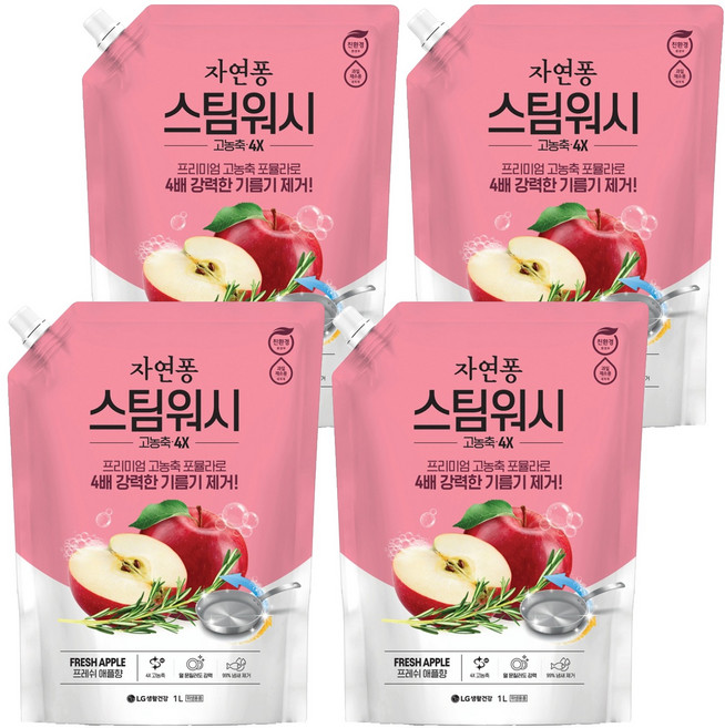 자연퐁 스팀워시 4X 주방세제 애플향, 1L, 4개