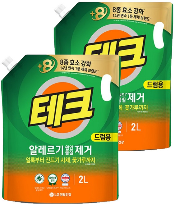 테크 진드기 알레르기 원인 제거 액체세제 드럼용 리필, 2L, 2개
