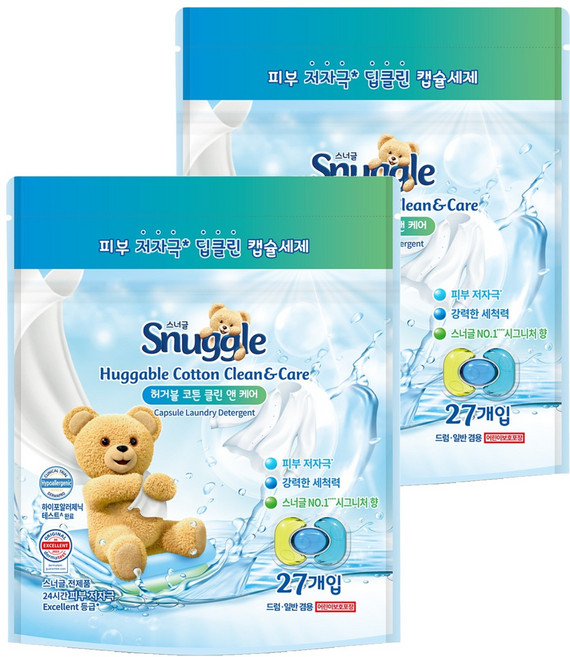 스너글 캡슐 세탁세제 허거블 코튼 클린 앤 케어 410.4g, 27개입, 2개