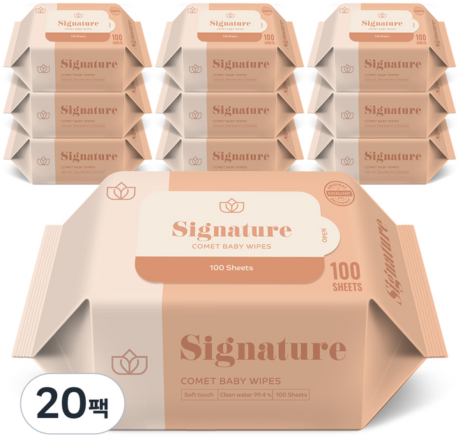 코멧 시그니처 아기물티슈 엠보싱 리필형 저자극 더마테스트 인증, 20팩, 100매, 55g