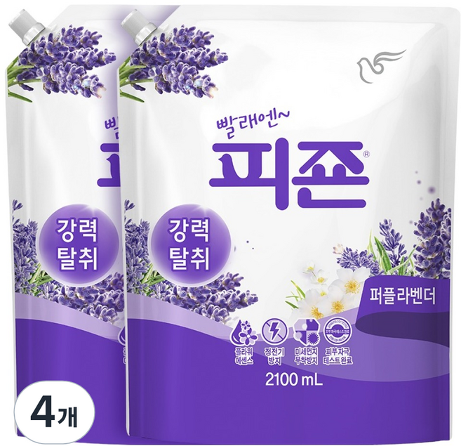 피죤 강력탈취 섬유유연제 퍼플라벤더 리필, 2.1L, 4개
