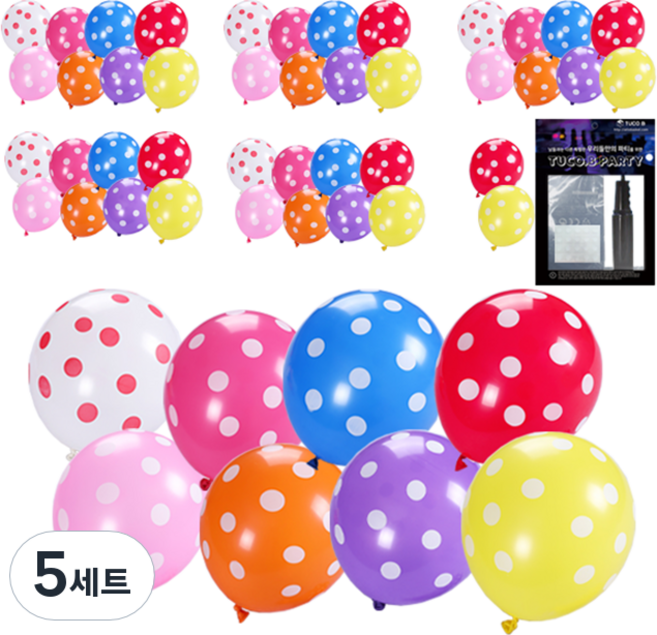 투코비 30cm 땡땡이 캔디칼라 라운드풍선 50p + 손펌프 + 고정테이프 세트, 혼합색상, 5세트