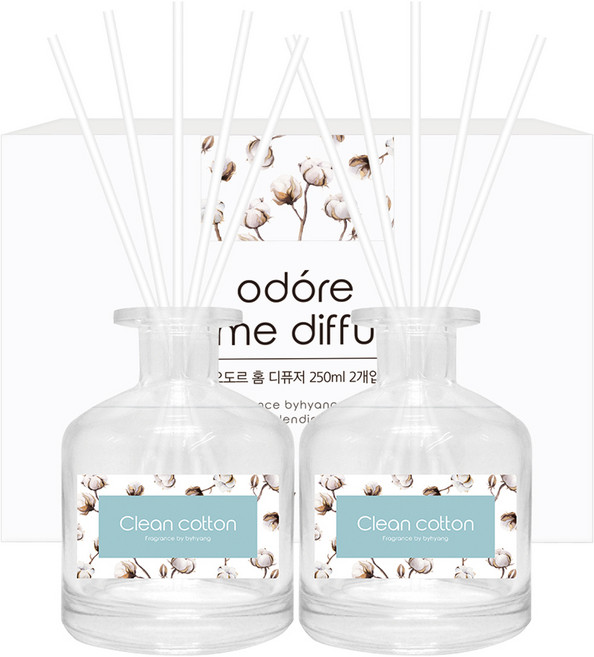 오도르 홈 디퓨저 250ml 2p + 섬유스틱 10p, 클린코튼, 500ml, 1개