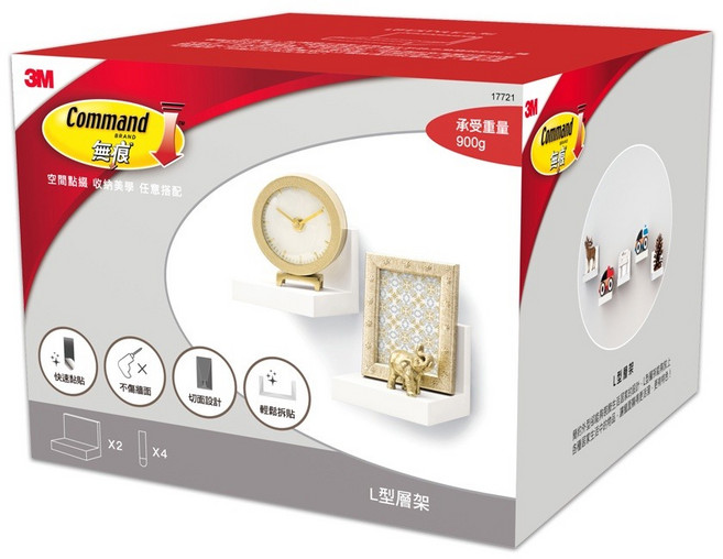 3M Command 無痕 L型層架 LIFESTYLE系列 #17721 荷重900g 2個, 白色, 1組, 1層