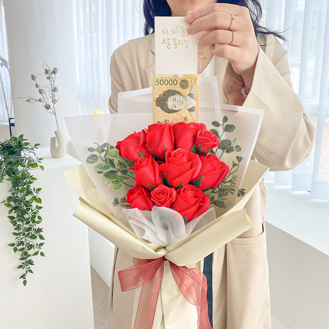 이플린 비누꽃 장미 돈 꽃다발 + 쇼핑백 + opp 비닐 용돈 봉투, 레드, 1개
