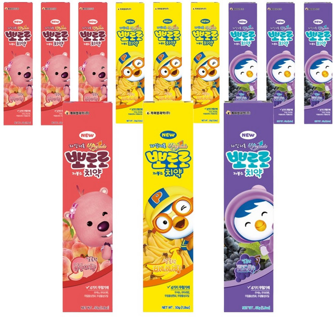 케이엠제약 뽀로로 저불소 복숭아향 + 바나나향 + 포도향 유아 치약, 150g, 4세트