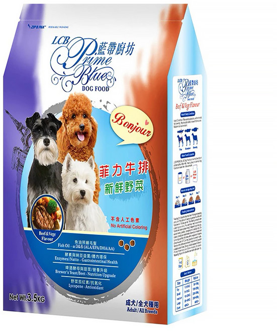 LCB 藍帶廚坊 全犬種用飼料 添加OMEGA 3 & 6 啤酒酵母 酵素與乳酸益菌 呵護毛髮健康, 菲力牛排 + 新鮮野菜, 3.5kg, 1袋