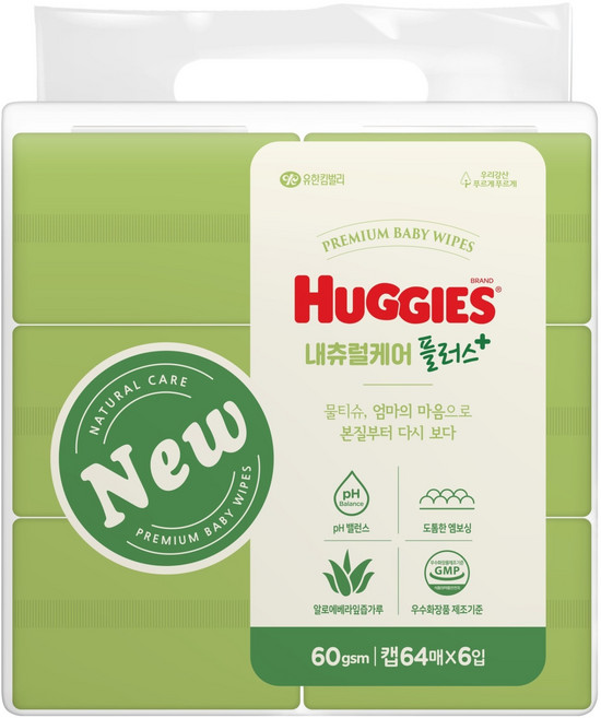 하기스 내츄럴케어 플러스 물티슈 캡형, 60g, 64매, 6개