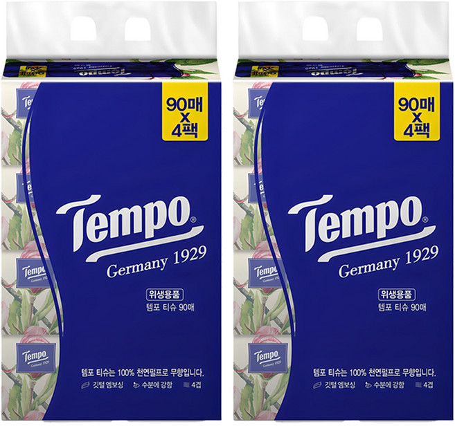 Tempo 프리미엄 천연펄프 소프트 티슈 4겹, 90매, 8개