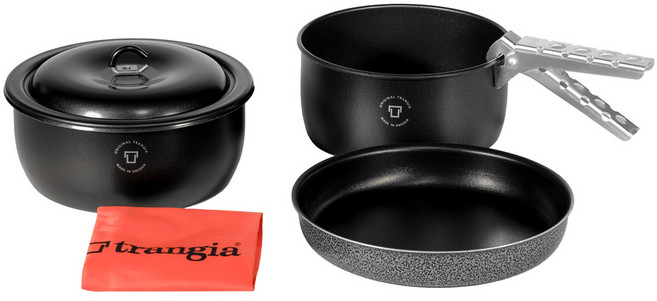 Trangia 瓦斯爐適用 超輕鋁露營鍋具套組 適合露營、船隻、度假小屋 底部防滑處理, 煎鍋 + 鍋具2個 + 鍋蓋 + 鉗夾 + 袋子, 極地3號 黑魂版, 1組