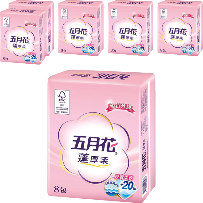 五月花 蓬厚柔抽取式衛生紙, 8包, 6袋