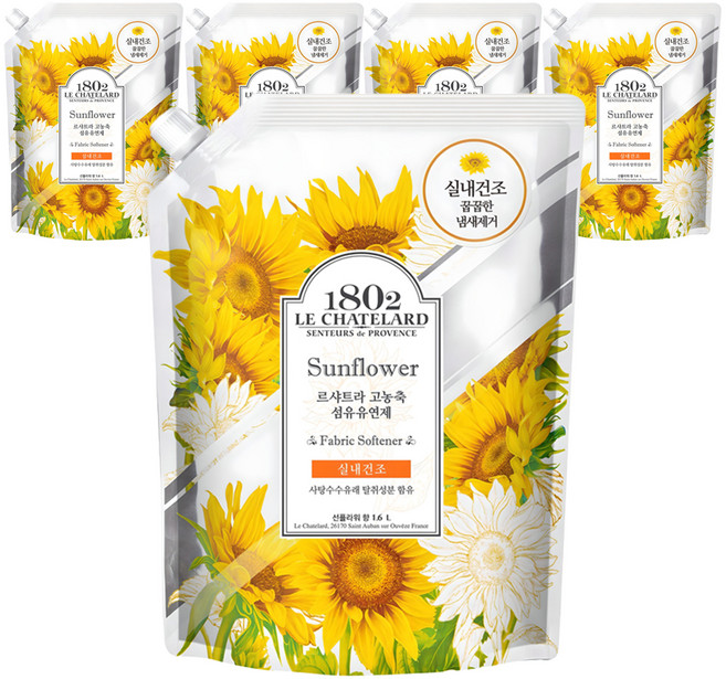 르샤트라1802 실내건조 고농축 섬유유연제 선플라워 리필, 1.6L, 5개