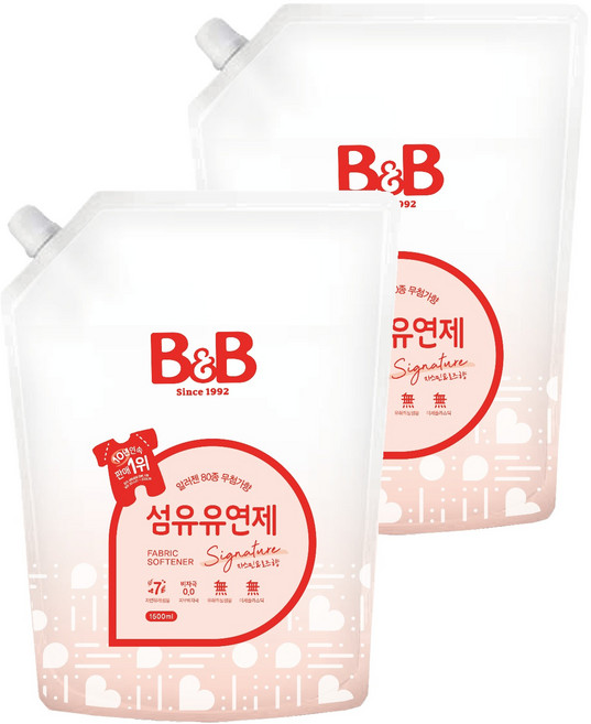 비앤비 비자극 유아 섬유유연제 시그니처 알러젠프리 자스민앤로즈향 리필형, 1.5L, 2개