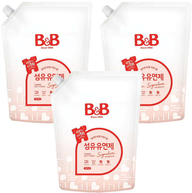 비앤비 비자극 유아 섬유유연제 시그니처 알러젠프리 자스민앤로즈향 리필형, 1.5L, 3개
