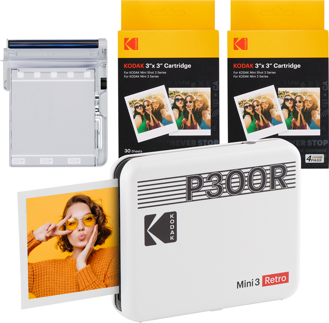 코닥 미니 3 레트로 카트리지 60매 번들 휴대용 포토프린터, P300R(화이트), 화이트
