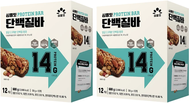 심플잇 단백질바 12p, 600g, 2개 - 쿠팡