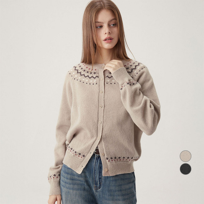 여성용 폭닥 헤어리얀 페어 아일 자카드 버튼업 가디건